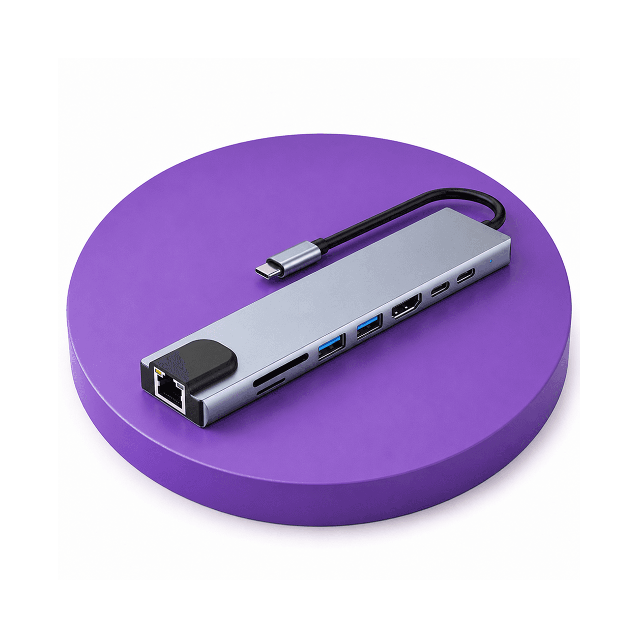 Aluminum Mport 8 USB-C USB Hub/Docking Station(8-in-1) with 4K 30Hz HDMI, 100 Mbps Ethernet, USB 3.0, microSD/SD Card Reader, Type-C Data, PD Charging, USB 2.0, Type-C Plug for Laptop, Mac, PC