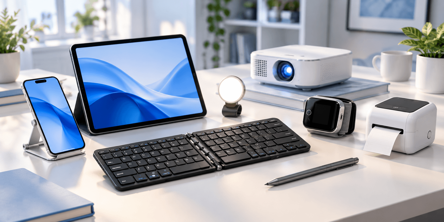 GIZMORAC gadgets on a desk — foldable keyboard, projector, BP monitor, label printer and more
