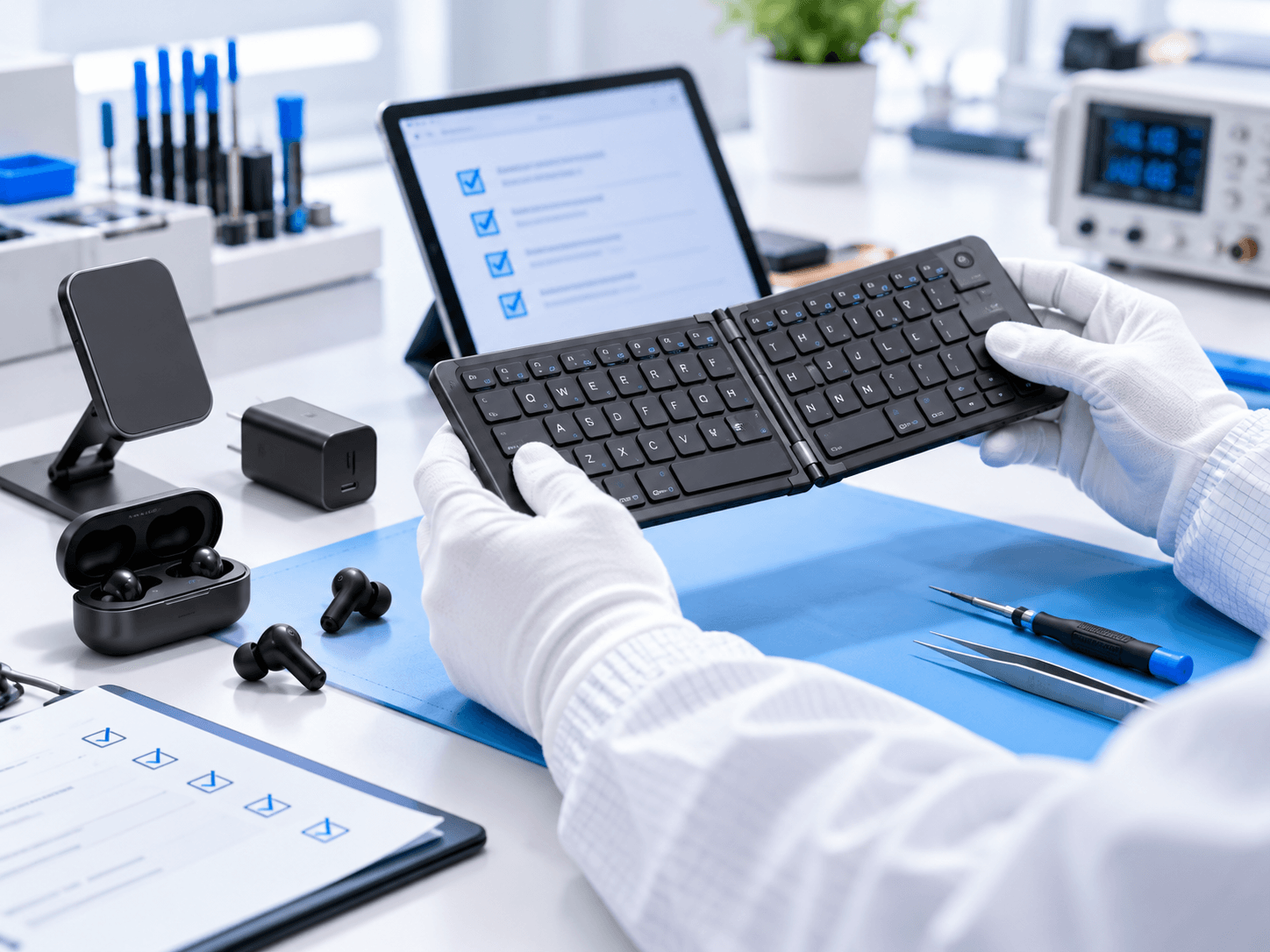 A GIZMORAC technician testing a foldable keyboard against a quality checklist