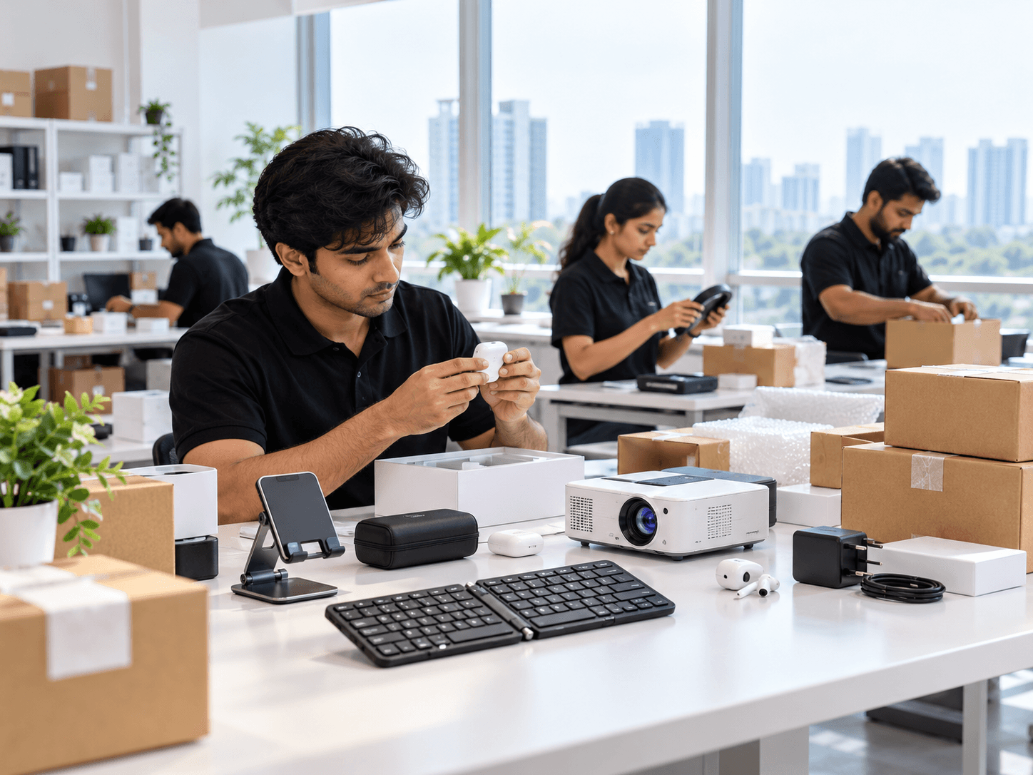 The GIZMORAC team checking and packing gadgets before dispatch
