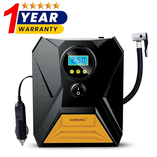 Tyre Inflator for Car & Bike, 150 PSI, 12V DC, Air Compressor Pump with LED Light & Digital Pressure Gauge, Compact Air Pump for All Inflatable Items, Gizmorac 1 Year Warranty