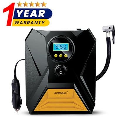 Tyre Inflator for Car & Bike, 150 PSI, 12V DC, Air Compressor Pump with LED Light & Digital Pressure Gauge, Compact Air Pump for All Inflatable Items, Gizmorac 1 Year Warranty