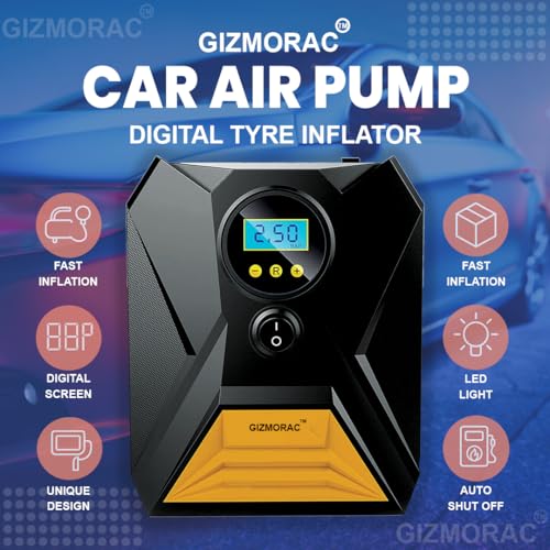 Tyre Inflator for Car & Bike, 150 PSI, 12V DC, Air Compressor Pump with LED Light & Digital Pressure Gauge, Compact Air Pump for All Inflatable Items, Gizmorac 1 Year Warranty