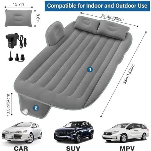 Gizmorac Car Inflatable Bed with Pump & 2 Air Pillows, Foldable Beige Seat Mattress, Portable Travel Bed for Kids & Adults, Universal Fit Car Sleeping Mattress for Camping & Trips (Gray)