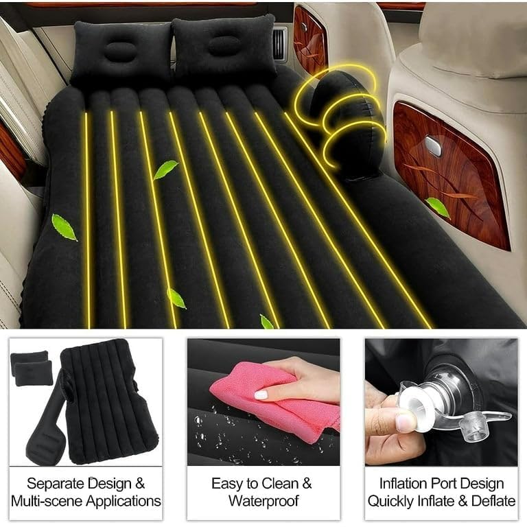 Gizmorac Car Inflatable Bed with Pump & 2 Air Pillows, Foldable Beige Seat Mattress, Portable Travel Bed for Kids & Adults, Universal Fit Car Sleeping Mattress for Camping & Trips ( Black )
