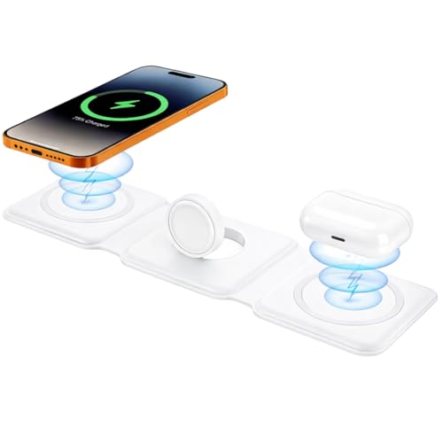 3 in 1 Magnetic Foldable MagSafe Compatible Wireless Charger for iPhone 17 to 12 Series Compatible with AirPods 2/3, Pro2, Pro3 Compatible with only Apple Watch Series 23W Charging Pearl White