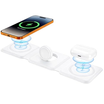 3 in 1 Magnetic Foldable MagSafe Compatible Wireless Charger for iPhone 17 to 12 Series Compatible with AirPods 2/3, Pro2, Pro3 Compatible with only Apple Watch Series 23W Charging Pearl White