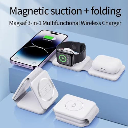 3 in 1 Magnetic Foldable MagSafe Compatible Wireless Charger for iPhone 17 to 12 Series Compatible with AirPods 2/3, Pro2, Pro3 Compatible with only Apple Watch Series 23W Charging Pearl White