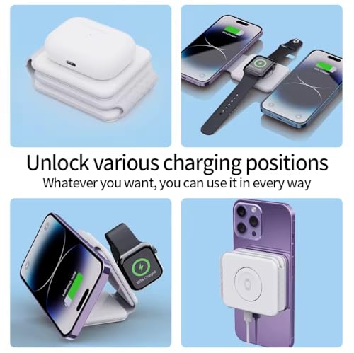 3 in 1 Magnetic Foldable MagSafe Compatible Wireless Charger for iPhone 17 to 12 Series Compatible with AirPods 2/3, Pro2, Pro3 Compatible with only Apple Watch Series 23W Charging Pearl White