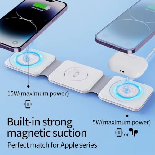 3 in 1 Magnetic Foldable MagSafe Compatible Wireless Charger for iPhone 17 to 12 Series Compatible with AirPods 2/3, Pro2, Pro3 Compatible with only Apple Watch Series 23W Charging Pearl White
