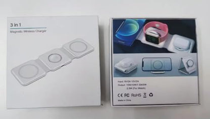 3 in 1 Magnetic Foldable MagSafe Compatible Wireless Charger for iPhone 17 to 12 Series Compatible with AirPods 2/3, Pro2, Pro3 Compatible with only Apple Watch Series 23W Charging Pearl White