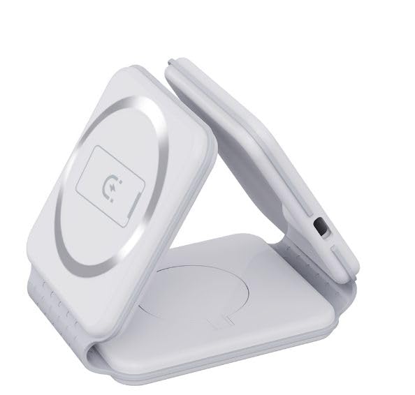3 in 1 Magnetic Foldable MagSafe Compatible Wireless Charger for iPhone 17 to 12 Series Compatible with AirPods 2/3, Pro2, Pro3 Compatible with only Apple Watch Series 23W Charging Pearl White