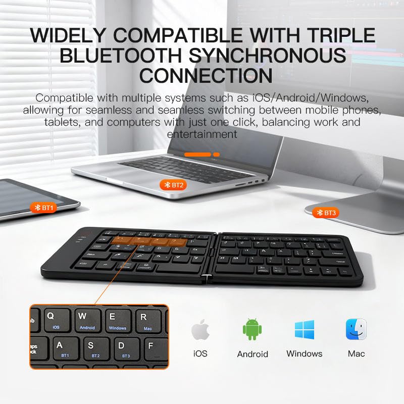 Foldable Keyboard Bluetooth - Portable Wireless Full-Size Folding Keyboard with Stand, Multi-Device (Connect 3) Rechargeable Slim Travel Keyboard for iPad, iPhone, Android, Windows, Laptop