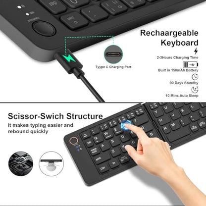 Foldable Keyboard Bluetooth - Portable Wireless Full-Size Folding Keyboard with Stand, Multi-Device (Connect 3) Rechargeable Slim Travel Keyboard for iPad, iPhone, Android, Windows, Laptop