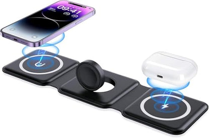 3 in 1 Magnetic Foldable MagSafe Compatible Wireless Charger for iPhone 17 to 12 Series Compatible with AirPods 2/3, Pro2, Pro3 Compatible with only Apple Watch Series 23W Charging (Black)