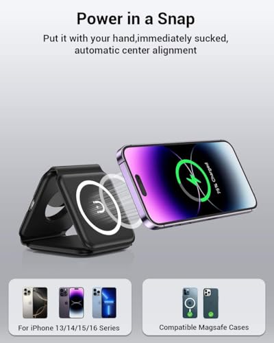 3 in 1 Magnetic Foldable MagSafe Compatible Wireless Charger for iPhone 17 to 12 Series Compatible with AirPods 2/3, Pro2, Pro3 Compatible with only Apple Watch Series 23W Charging (Black)