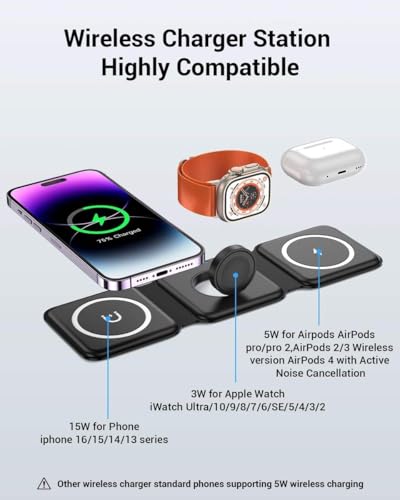 3 in 1 Magnetic Foldable MagSafe Compatible Wireless Charger for iPhone 17 to 12 Series Compatible with AirPods 2/3, Pro2, Pro3 Compatible with only Apple Watch Series 23W Charging (Black)