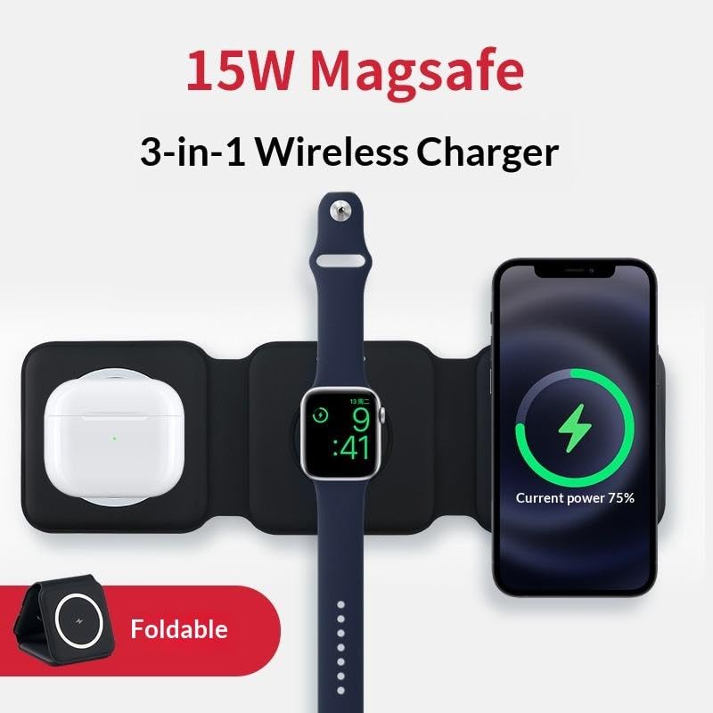 3 in 1 Magnetic Foldable MagSafe Compatible Wireless Charger for iPhone 17 to 12 Series Compatible with AirPods 2/3, Pro2, Pro3 Compatible with only Apple Watch Series 23W Charging (Black)